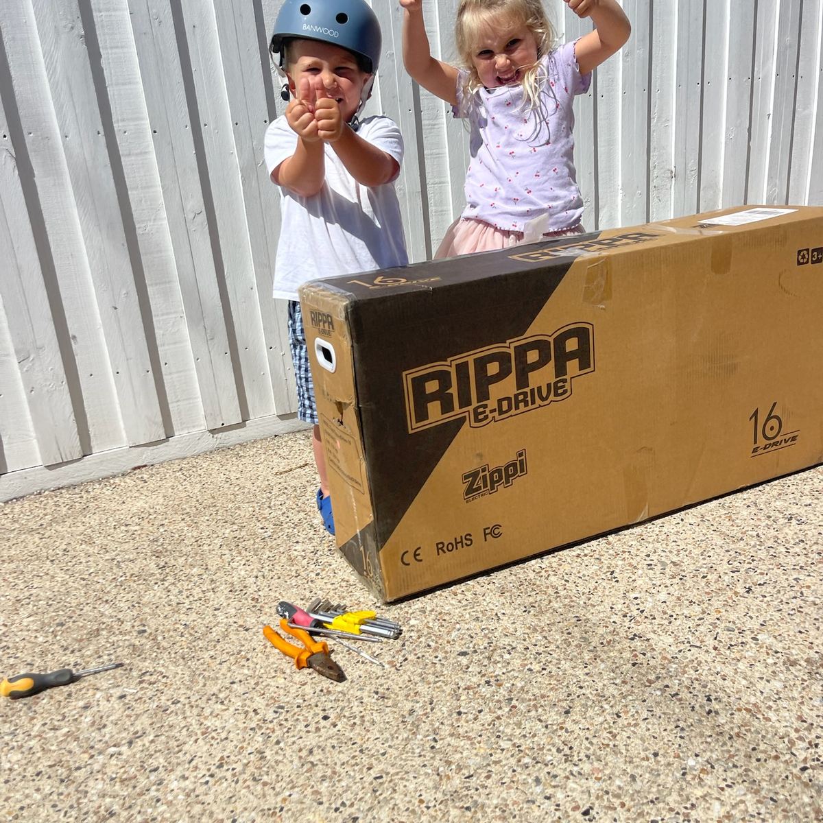 Two siblings posing with thumbs up next to a Rippa e-Drive 16 inch box on delivery day.
