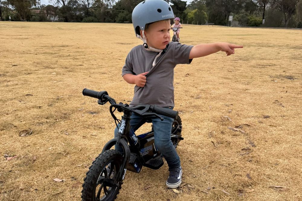young boy on rippa 12" balance bike ebike